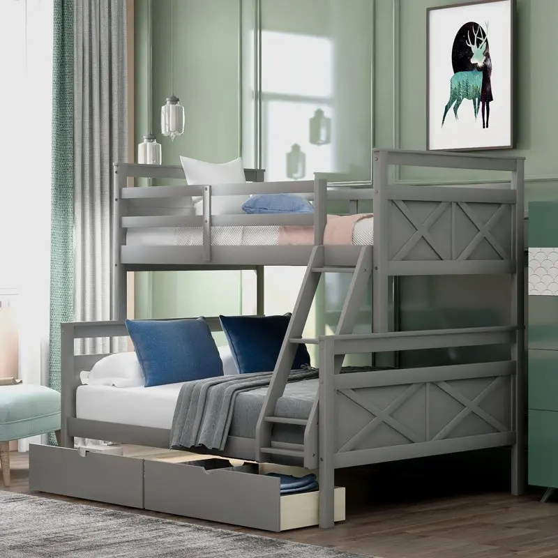 

over Full Convertible Wood Bunk Bed with Drawers & Guardrail, Gray