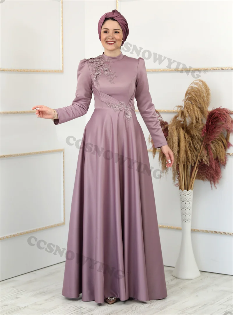 

Мусульманские Вечерние платья с длинным рукавом, атласные платья с аппликацией из бисера для Исламской официальной вечеринки, женское платье с высоким воротником для вечеринки