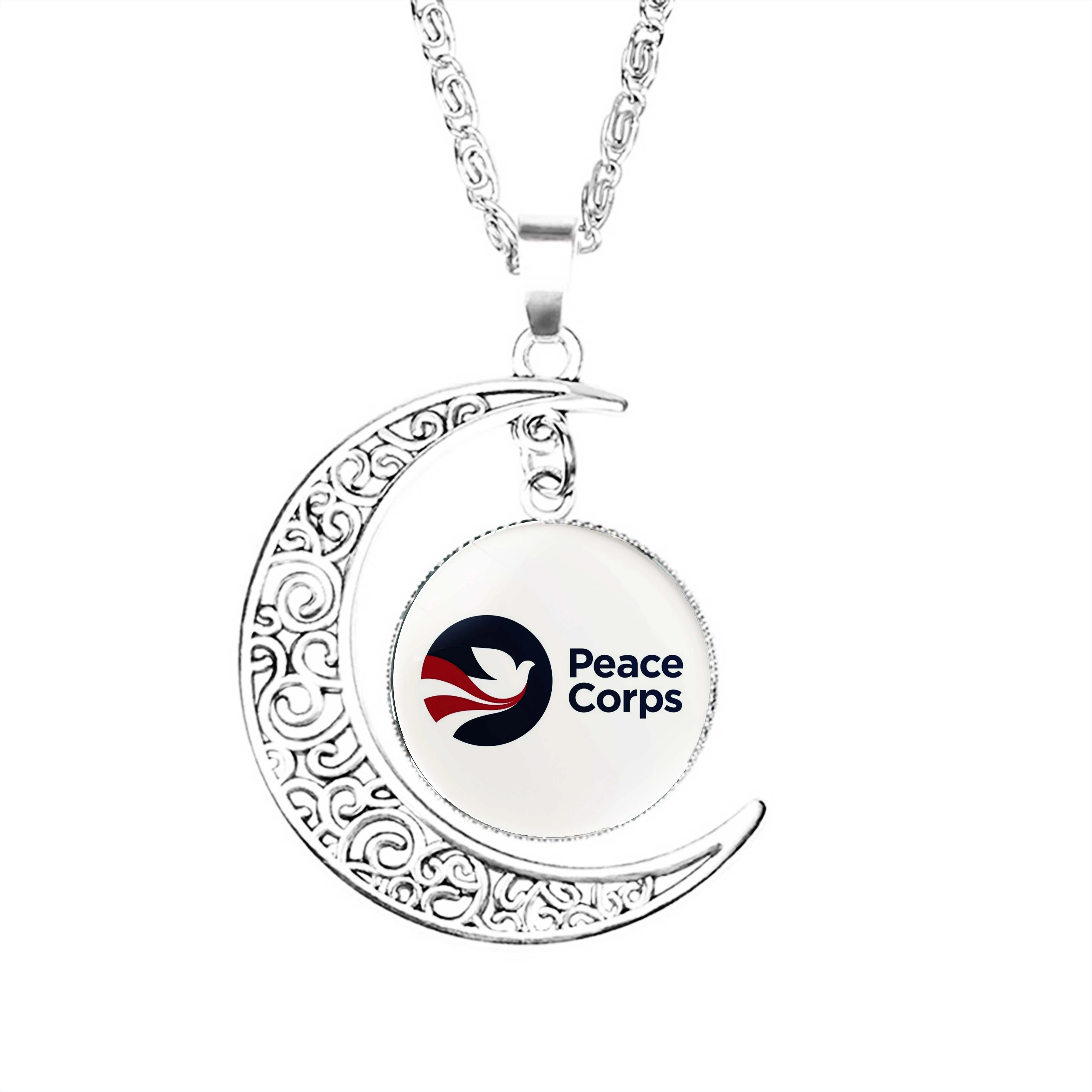 

Peace Corps Moon Necklace Men Women Charm Dome Crescent Jewelry Boy Girls Fashion Stainless Steel Pendant Glass Chain Gifts
