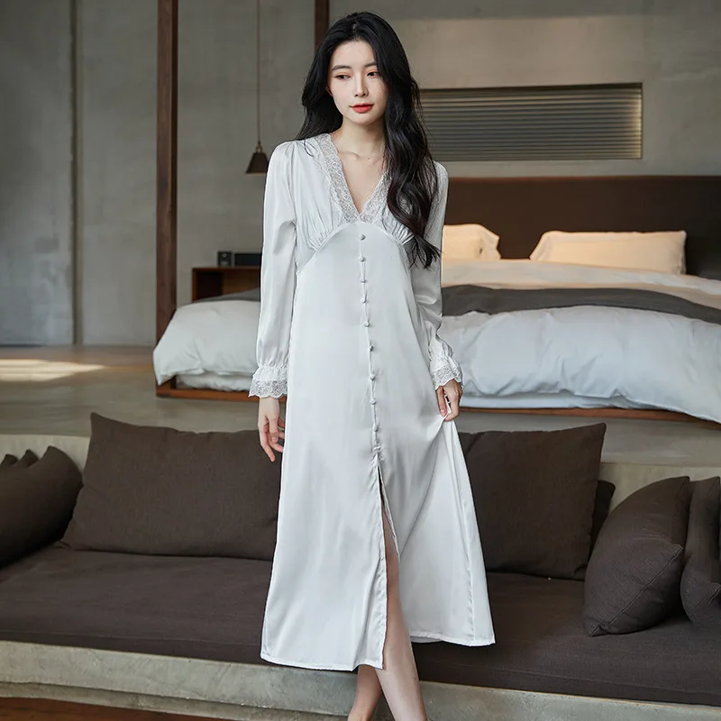 Palace Style Lace V-neck Night Dress Women Summer Satin Nightgown With Button Long Sleepwear Sleepshirts Lounge Home Dresses