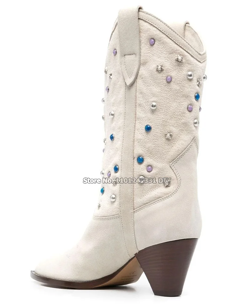 Real Cow Leather Gemstone 6Cm Spike Heeled Short Boots Ladies Rivets High Heel Autumn Winter Mid Calf Boots Plus Size