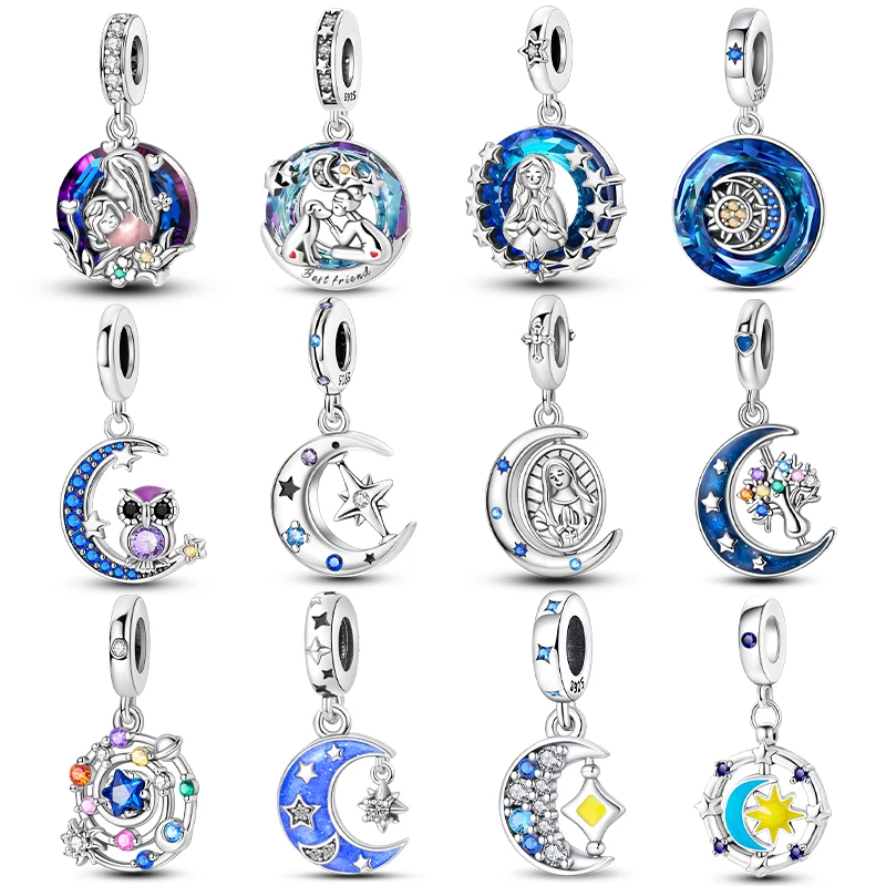 Шарм-бусина из серебра 925 пробы с подвеской в виде звезды и Луны для браслетов Pandach