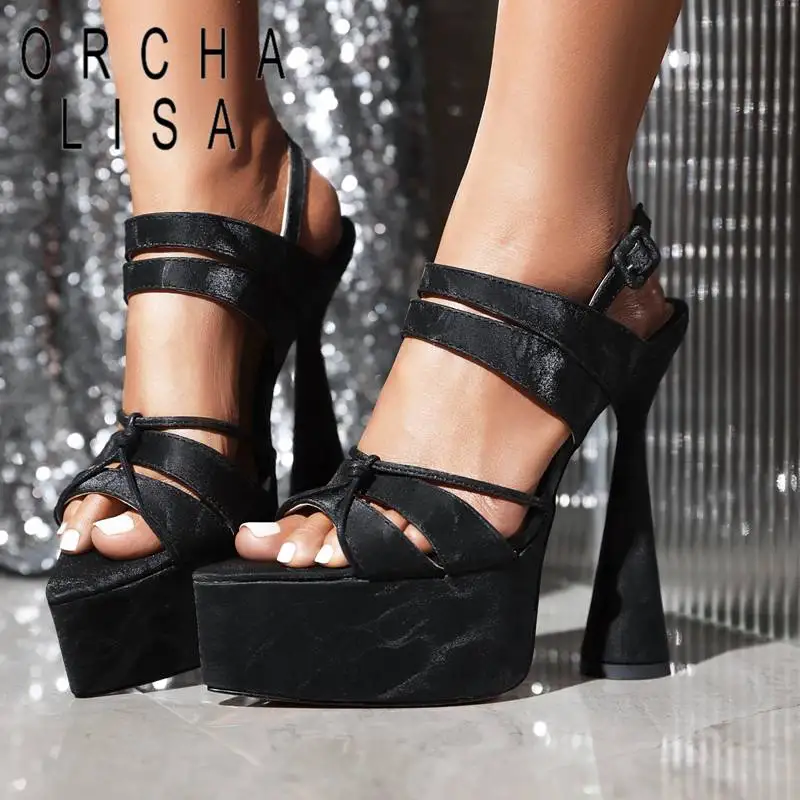 

ORCHA LISA Design Women Sandals Pointed Toe Strange Heels 16cm Platform Hill 5cm Buckle Strap Sexy Party Shoes Plus Size 42 43