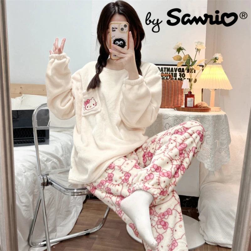 

New Sanrio Hello Kitty Kuromi Pachacco Pajamas Women's Autumn Winter Coral Velvet Thickened Flannel Suit Home Wear Wholesale