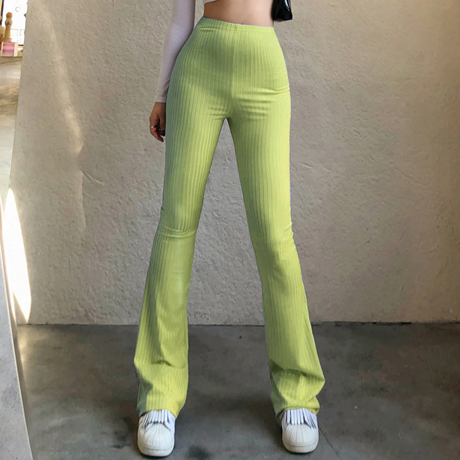 

Женские трикотажные эластичные прямые длинные брюки в рубчик, однотонные мешковатые брюки с высокой талией, модные брюки в уличном стиле