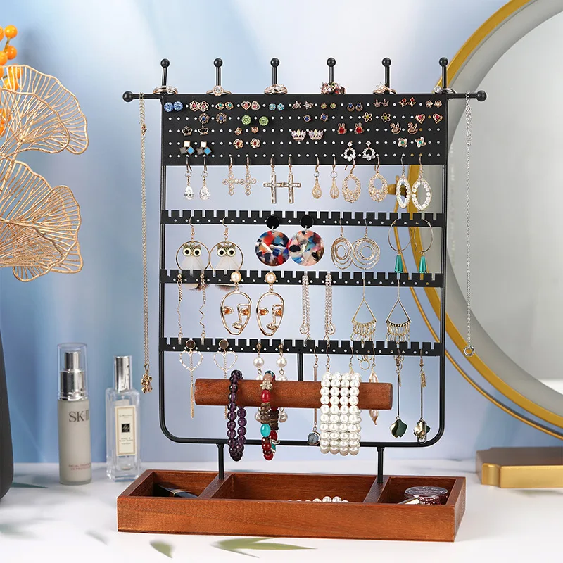 Iron Art Earring Stand Earrings Box Solid Wood Jewelry Storage Display Necklace Ornament Ring Bracelet Jewelry Display Stand