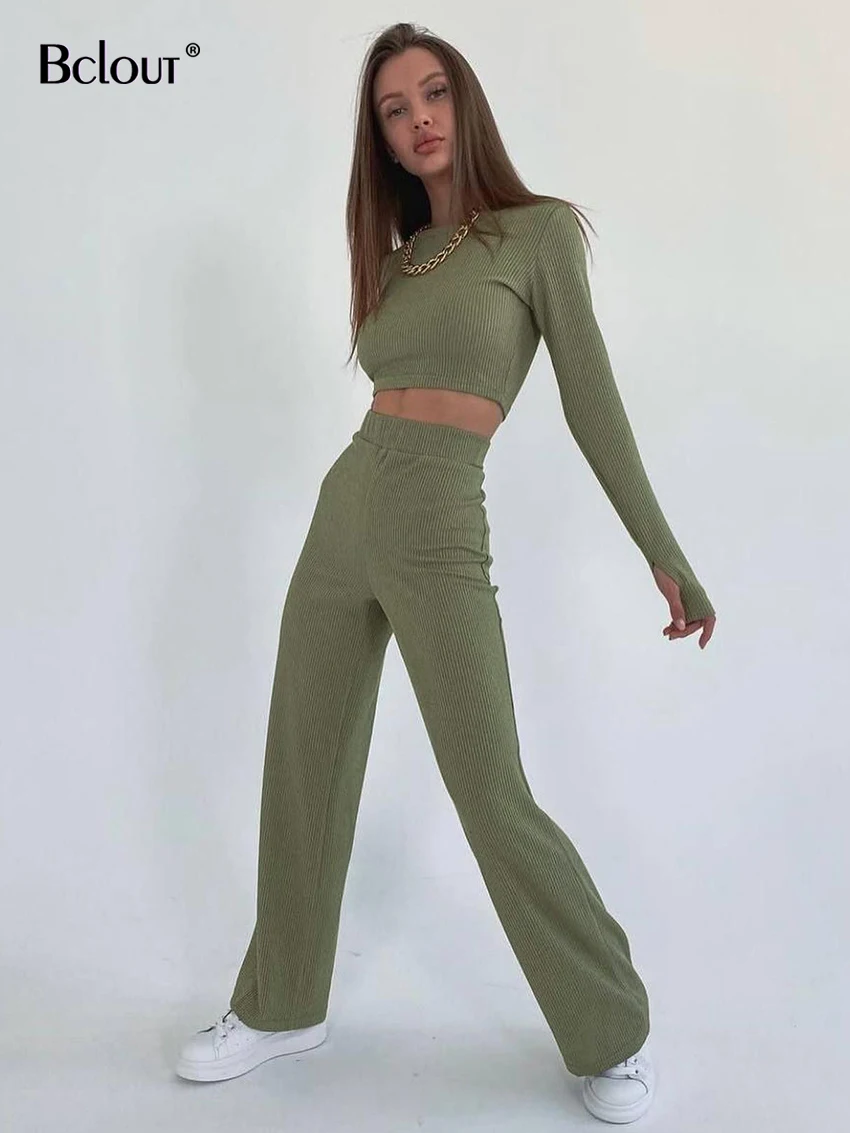 

Bclout Casual Loose Pants Suits Women 2022 Winter O-Neck Long Sleeve Sexy Crop Tops Fashion Party Elatsic Pants 2 Pieces Outfits