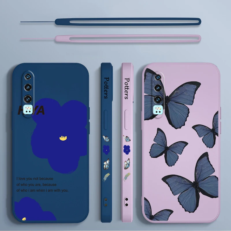 Blue Beautiful Butterfly For Huawei Y9S Y9A Y9 Y6 Nova Y70 9 8 P50 P40 P30 P20 Pro Lite E 5G Liquid Left Rope Phone Case images - 6