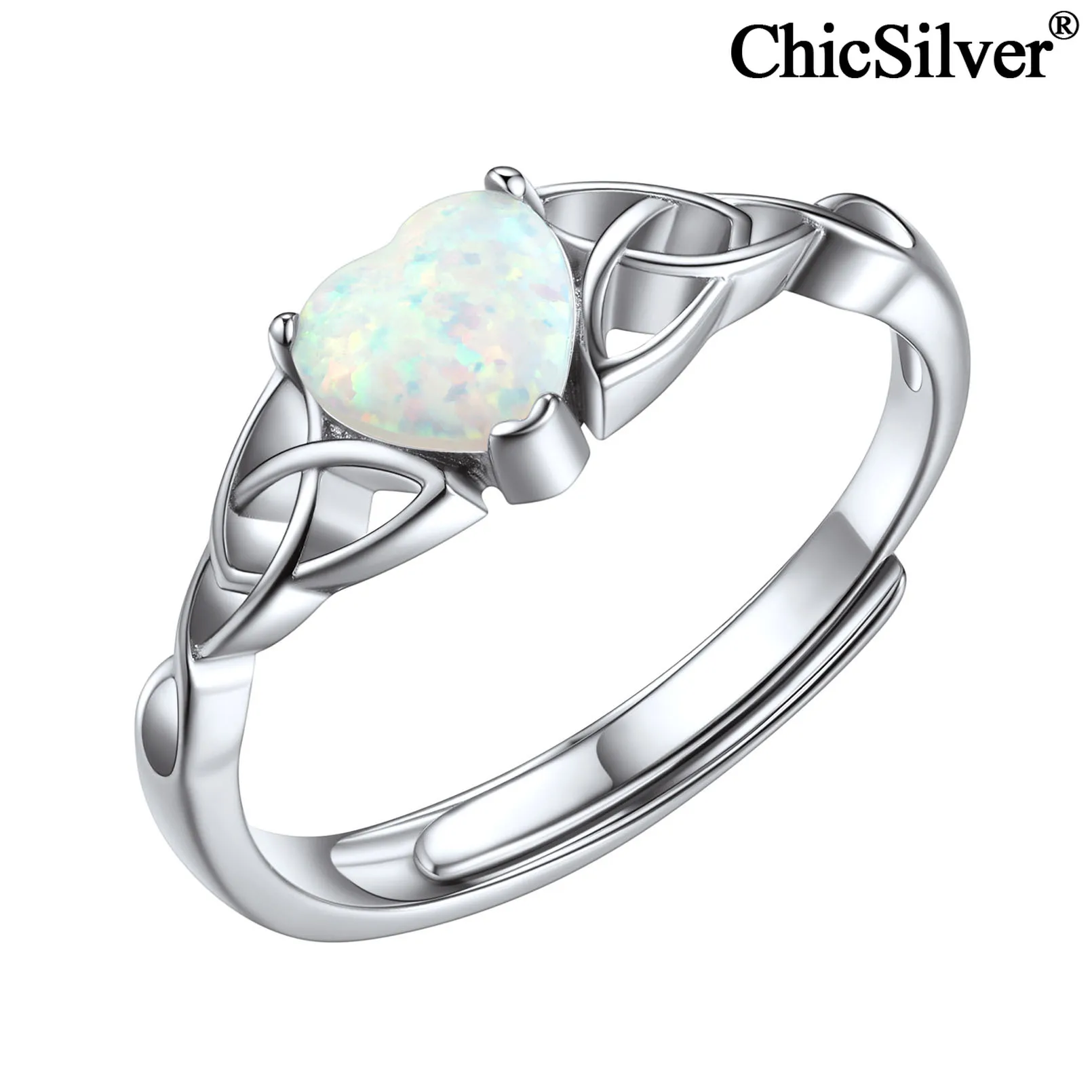 

ChicSilver Celtic Trinity Knot Heart Shaped Created Opal Ring 925 Sterling Silver Engagement Promise Wedding Band for Women Teen