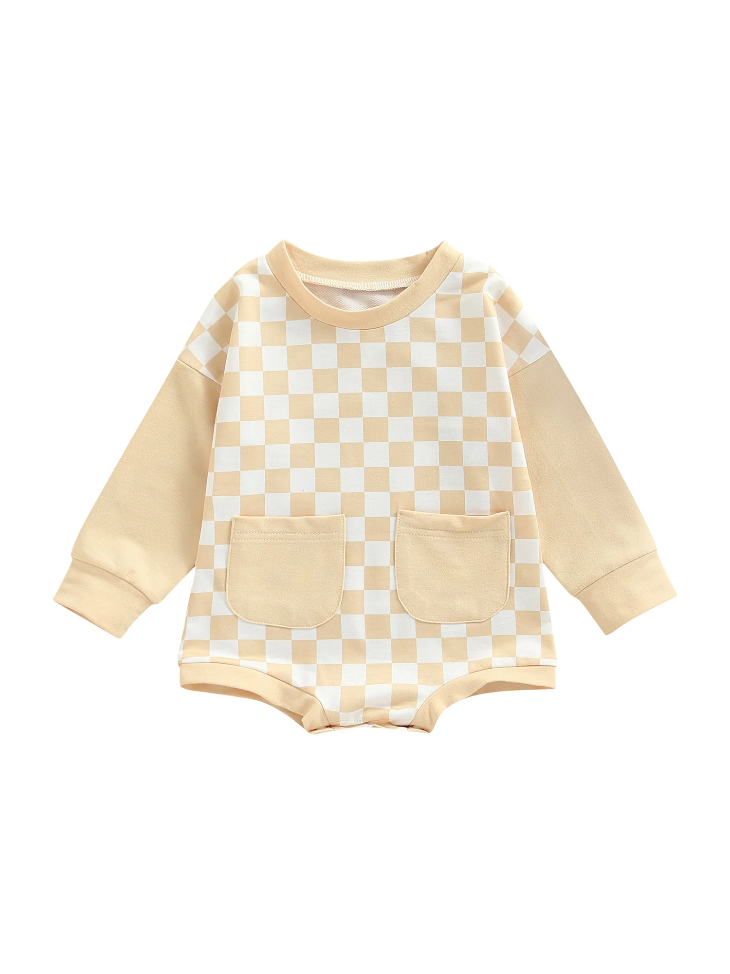 

Infant Babys Warm Sweatshirts Romper Long Sleeve Crewneck Checkerboard Plaid Bodysuit Overall Outfits