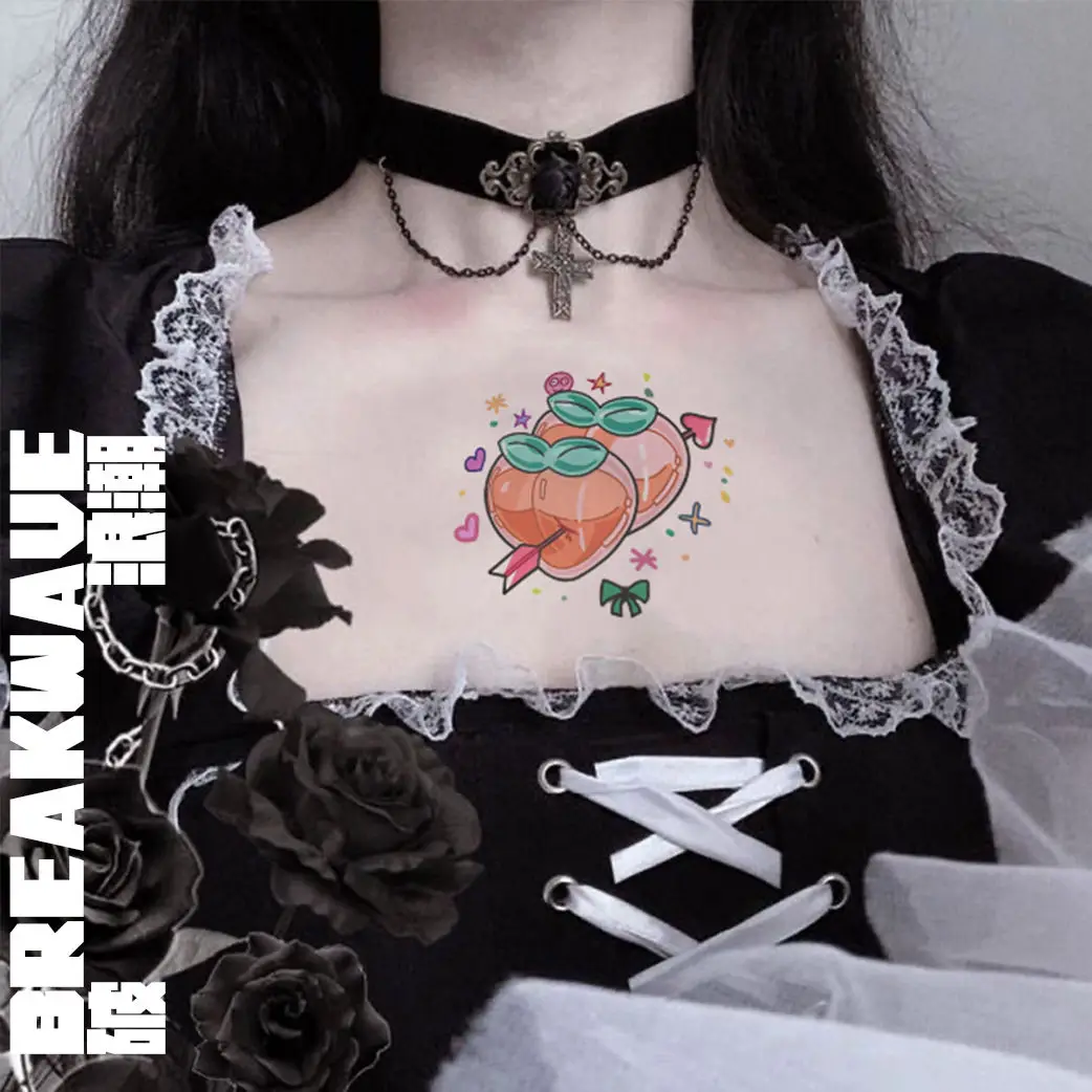 

Cartoon Fake Tattoo Temporary Waterproof Peach Fruit Clavicle Cute Y2K Cheap Goods Festival Carnival Tatto Art Tatoo Stickers