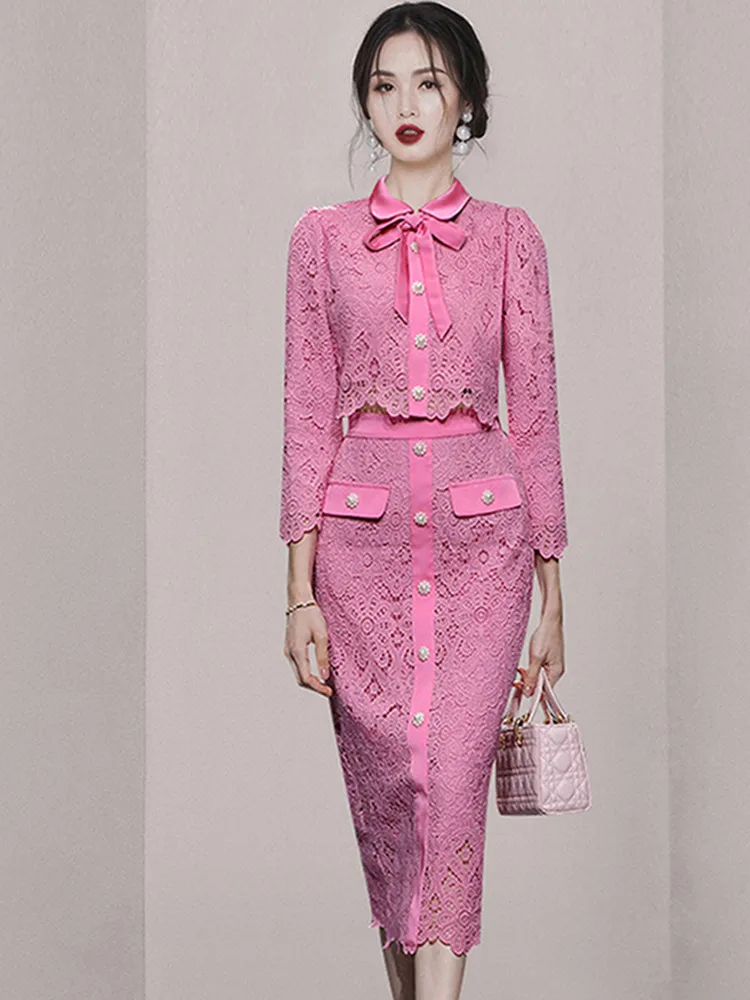 

Женский комплект из 2 предметов SMTHMA, элегантный кружевной топ с длинными рукавами и бантом + юбка трапециевидной формы с высокой талией, повседневная офисная юбка, костюм