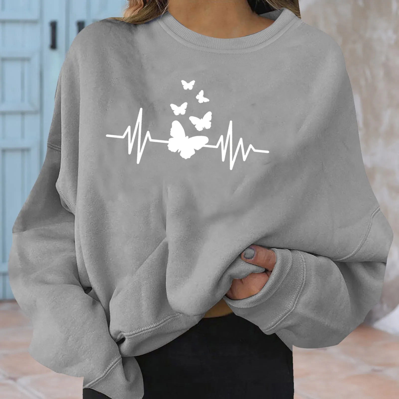 

Butterfly Print Sweatshirts Womens Outdoor Sports Tracksuit Harajuku Oversize Leisure Hoodies Loose Crew Neck Pullover Sudadera