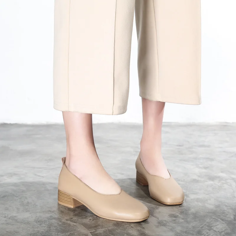 

Spring Autum Square Toe Genuine Leather Pumps Shoes Woman Comfy Single Working Shoes Female Med-high Heels Cowhide Talon Femme