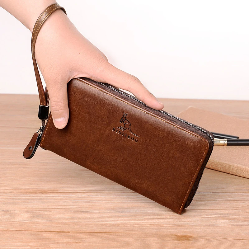 Men's Long Zipper Wallets High Quality Pu Leather Wallet for Man RFID Blocking Business Blue Clutch Bag Credit Card Holder Purse