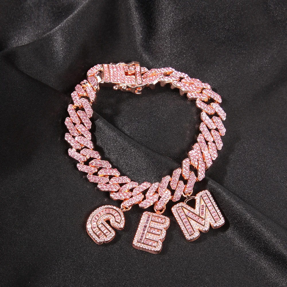 A-Z Custom Name Letters Pendant Necklaces Bracelets 12mm Cuban Link Chain Bracelet Rose Gold Plated