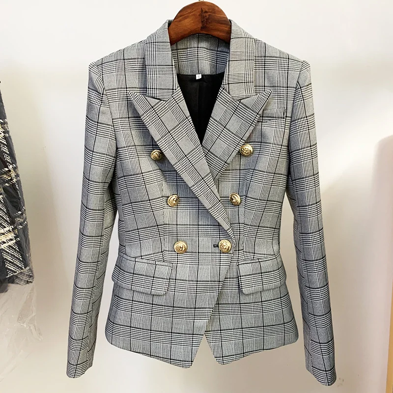 Fashion Women 2023 British New Style Slim-Fit Plaid Suit Double Breasted Metal Lion Button Short Jacket Office Lady Blazer Y1294