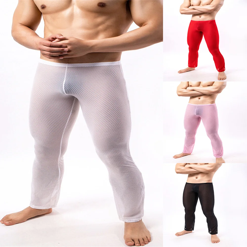 Men's Sheer See Through Mesh Underwear Sports Fitness Long Johns Pants Leggings Base Layer Sleep Bottoms New