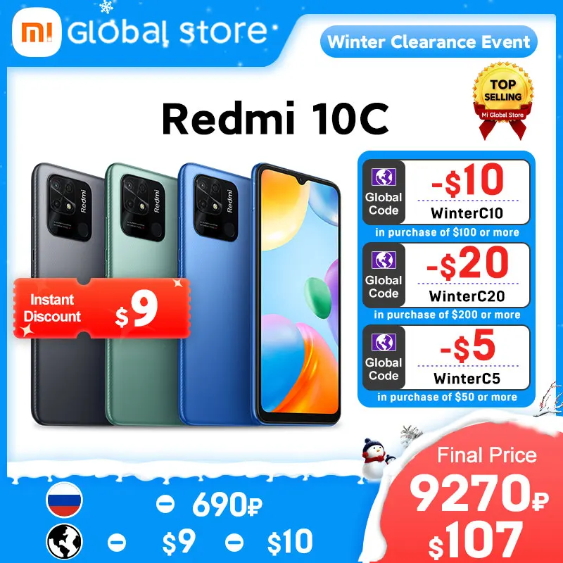  Global Version Xiaomi Redmi 10C Snapdragon 680 Octa Core Smartphone 64GB / 128GB 6.71\" Display 50MP Camera 5000mAh 18W 