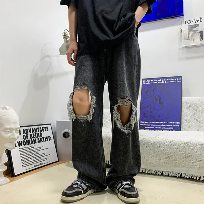 

New Spring Autumn Distressed Wash Old Broken Women's Denim Jeans Unisex Men Streetwear Jogger Pants Long Trousers Couple Chic