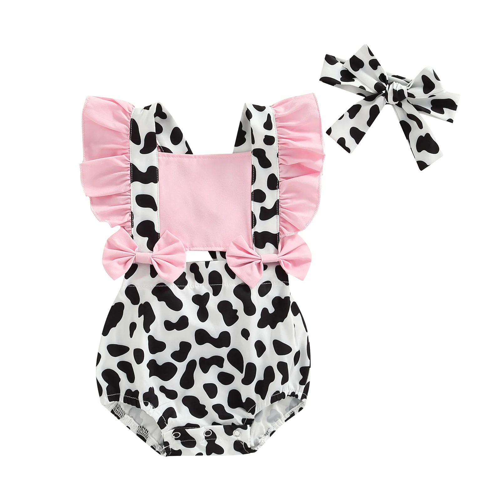 

Summer Baby Girls Romper, Infant Sweet Style Cow Print Splicing Bow Decoration Fly Sleeve Suspender Jumpsuit + Headwear Set
