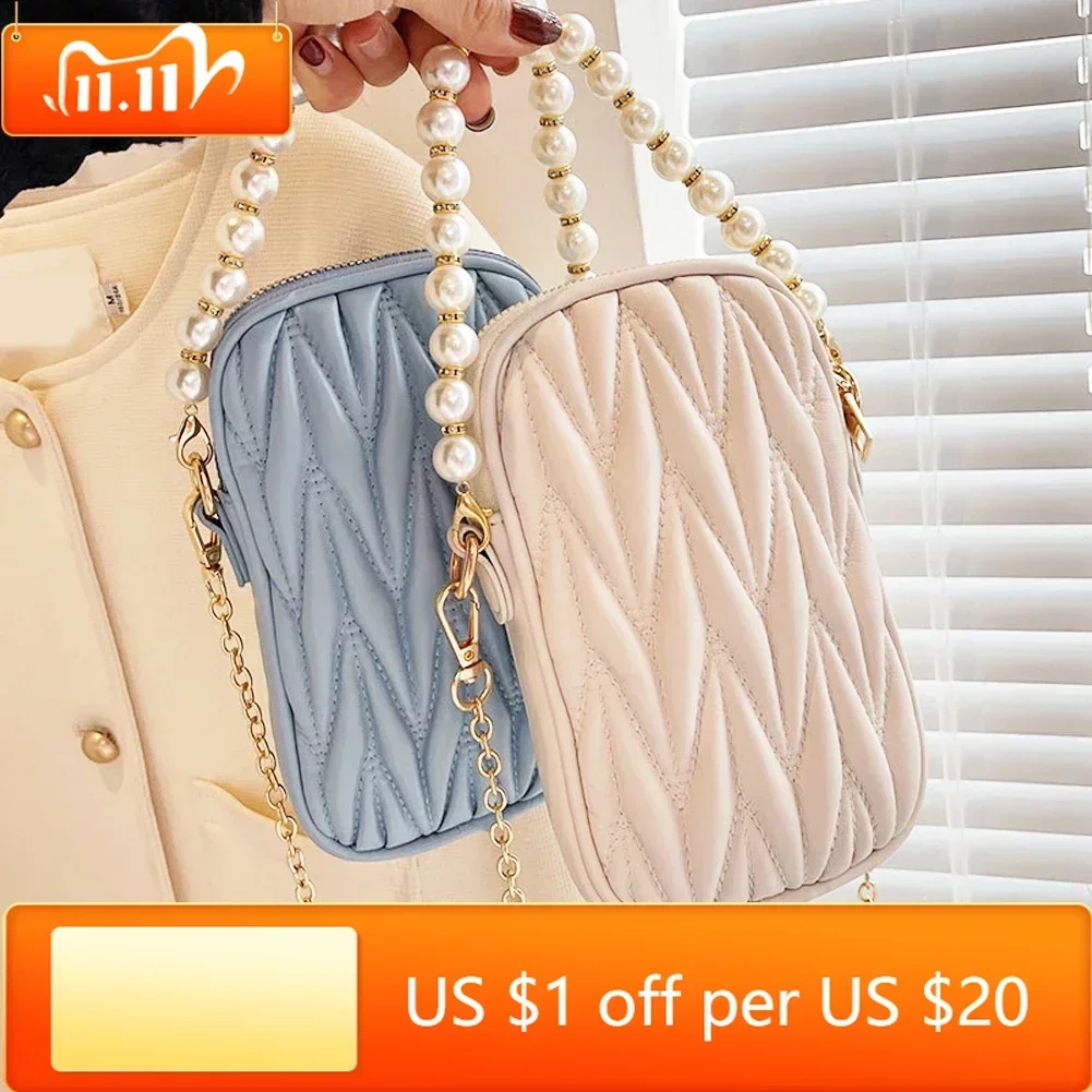 

Роскошная брендовая дизайнерская мини сумка на плечо с жемчужной цепочкой, женская сумка из искусственной кожи с ромбовидным узором для телефона, женская сумка-тоут, кошелек