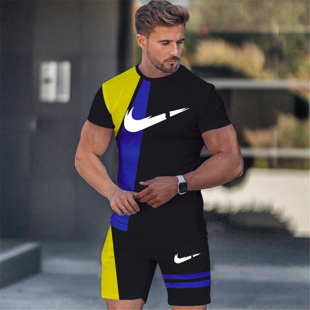 

Мужской спортивный костюм с коротким рукавом и шортами, повседневная спортивная одежда большого размера с 3d-цветным принтом, лето 2022