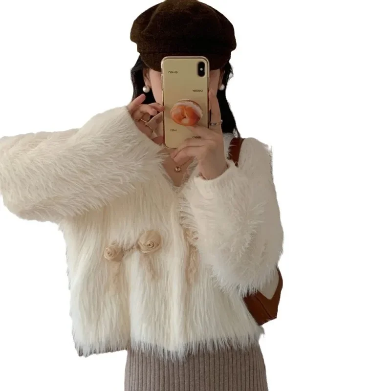 Женская осенне-зимняя куртка из лисьего меха с цветами мягкий теплый кардиган в