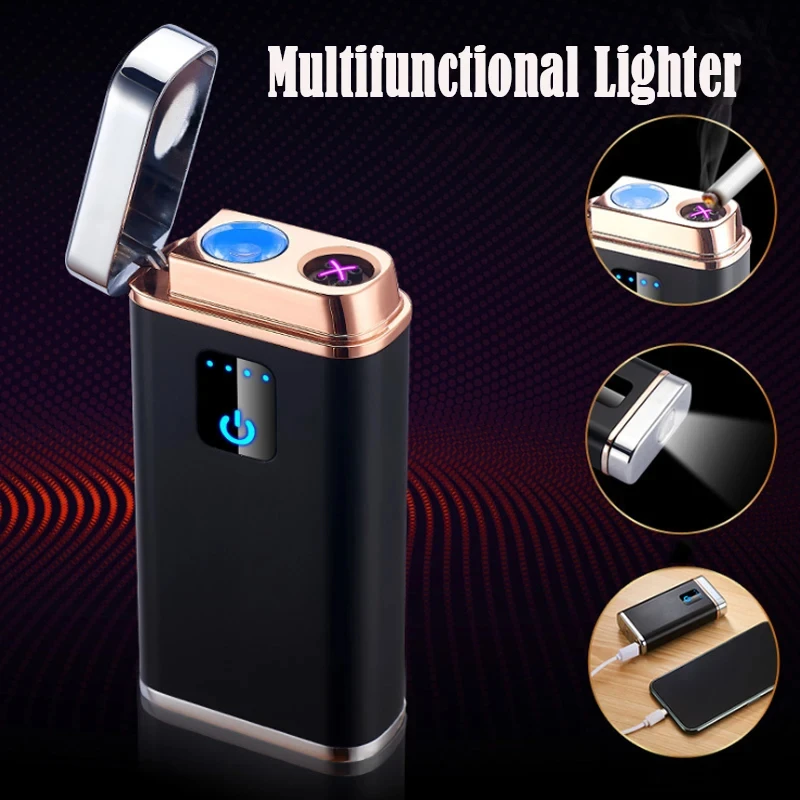 

Металлическая многофункциональная USB-зажигалка с двойной дугой для зарядки, уличная ветрозащитная Индукционная импульсная Зажигалка со сканером отпечатков пальцев, фонарик