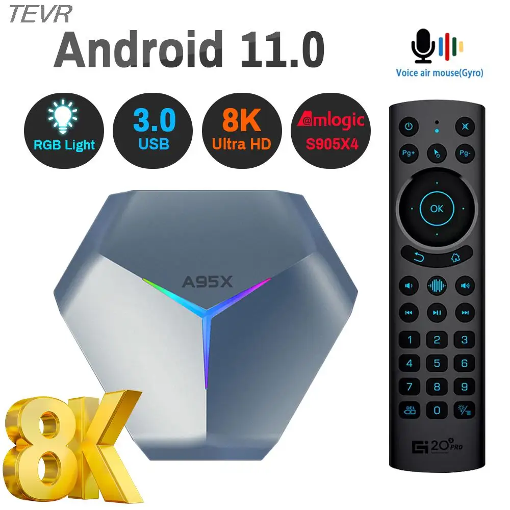 

ТВ-приставка TEVR Android 11 A95X F4, двойной Wi-Fi 8K 4K 3D Amlogic S905X4 RGB, подсветка, голосовой медиаплеер, ТВ-приставка