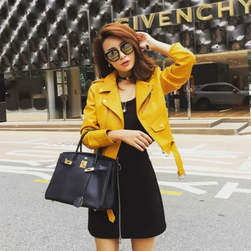 Осенне-зимняя уличная женская короткая стираная куртка из искусственной кожи на