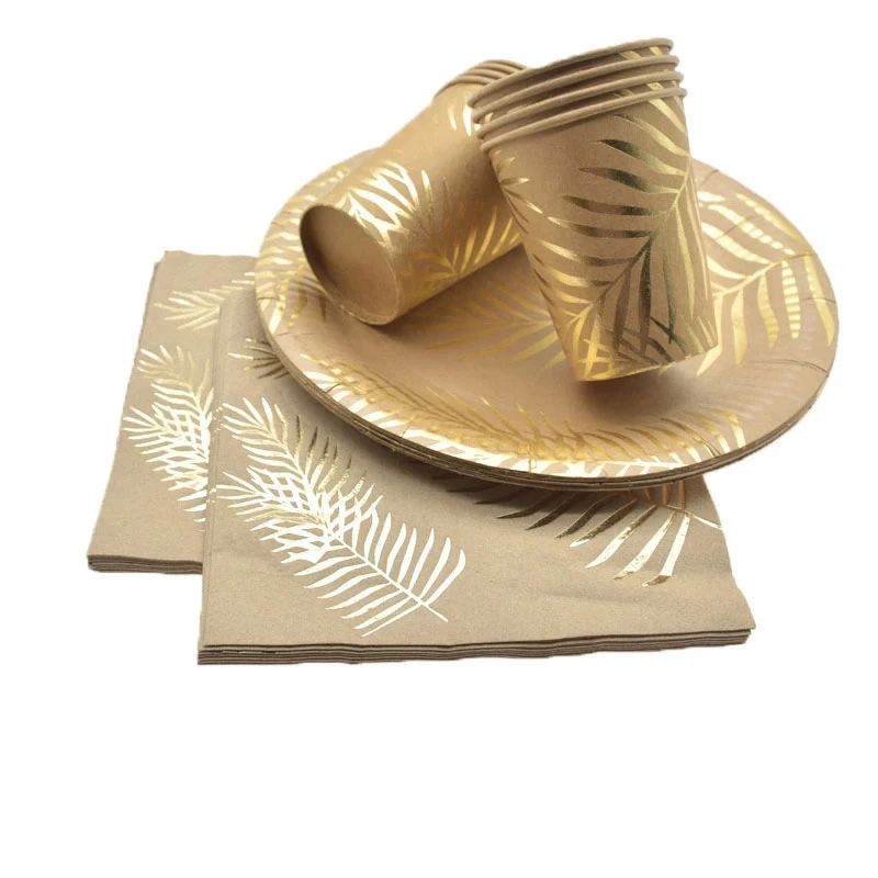 

Hawaiian Theme Birthday Party Supplies Gold Foil Tropical Palm Leaves Plates Disposable Tableware Wedding Decoration