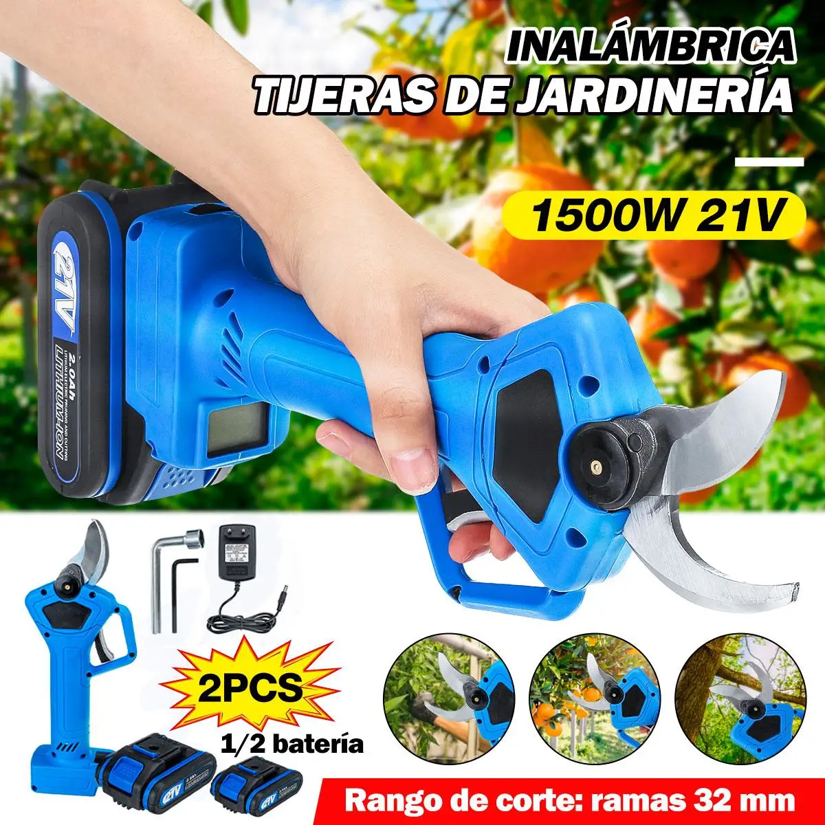 

21V 1500W Wireless Electric Rechargeable Scissors Pruning Shears Tree Garden Tool Branches Pruning Tools With 2 Li-ion Battery