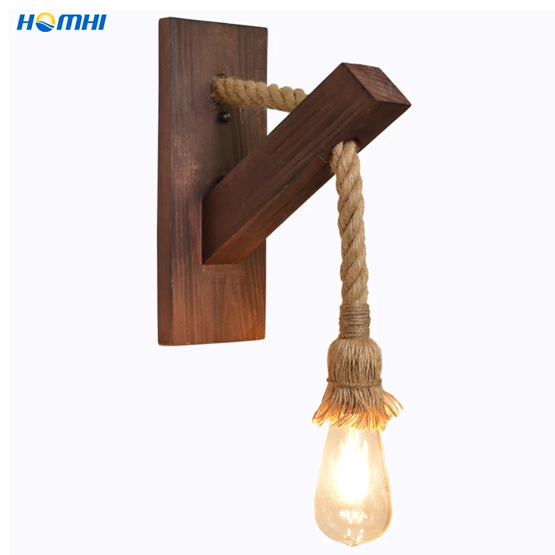 

Homhi Hemp Rope Inclined Wooden Seat Wall Lamp e27 Vintage Lamp Lamps For a Bedroom Corridor Lamp Home Decor Bedside Lam HWL-116