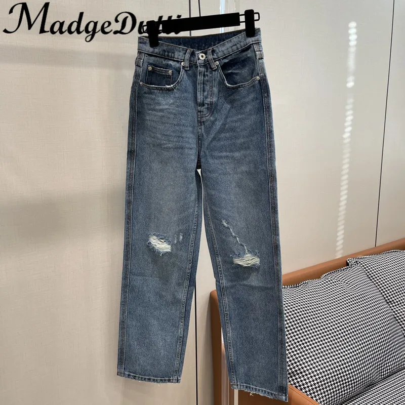 11.18 MadgeDutti Washed Distressed Hole High Waist Versatile Comfortable Straight Jeans Women