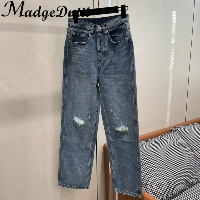 

11.18 MadgeDutti Washed Distressed Hole High Waist Versatile Comfortable Straight Jeans Women