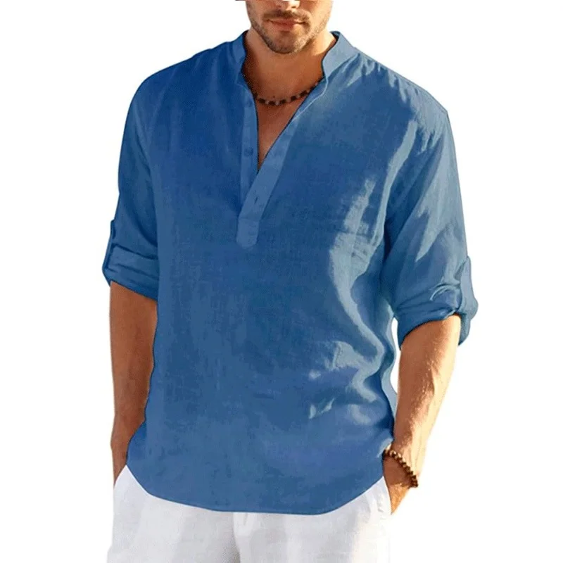2022 New Men's Linen Long Sleeve T-Shirt Solid Color Loose Casual T-Shirt Long Sleeve Cotton Linen Shirt Plus Size