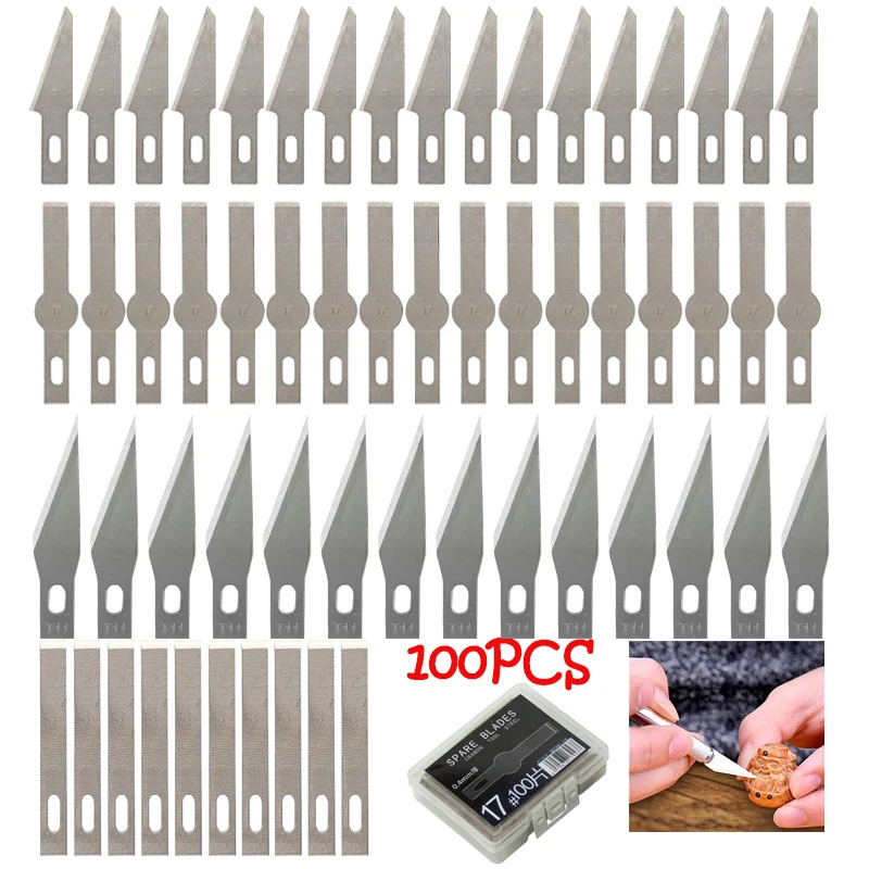 

100Pcs Blades Stainless Steel Engraving Knife Blades Metal Blade DIY Wood Carving Fruit Food Scalpel Craft Sculpture Cutting Too