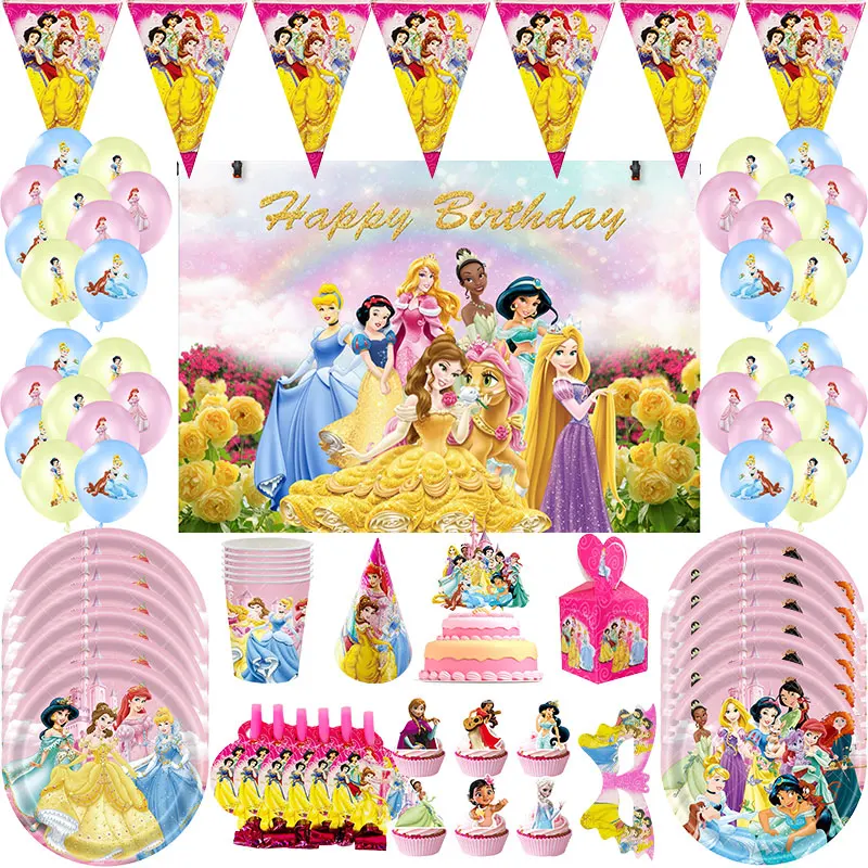 Disney Pink Princess Birthday Decoration Tableware Cups Plates Background Banner Balloon Girl Happy Party Supplies
