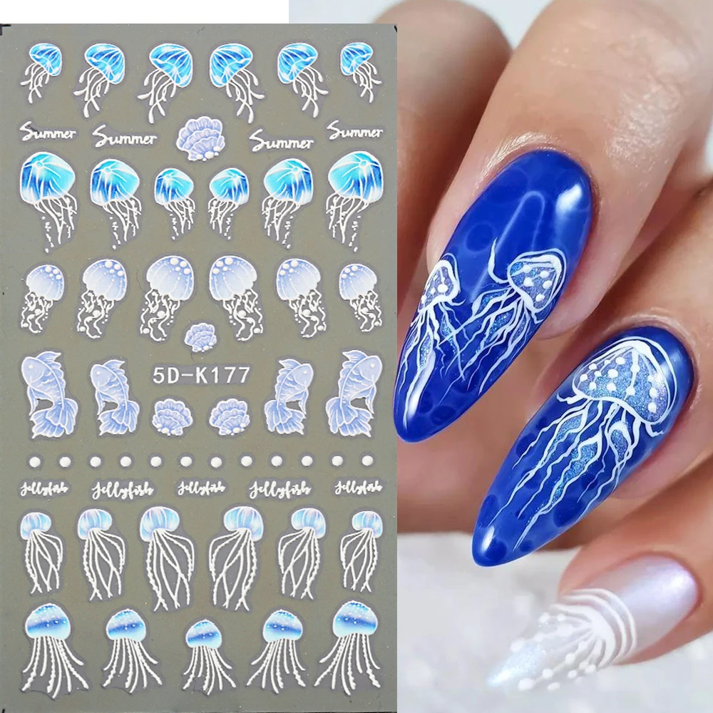 5D Jellyfish Nail Stickers Sea Animal Decor Summer Beach Wave Nail Decals Marble Blooming Sliders Golden Lines Stripe GL5D-K175
