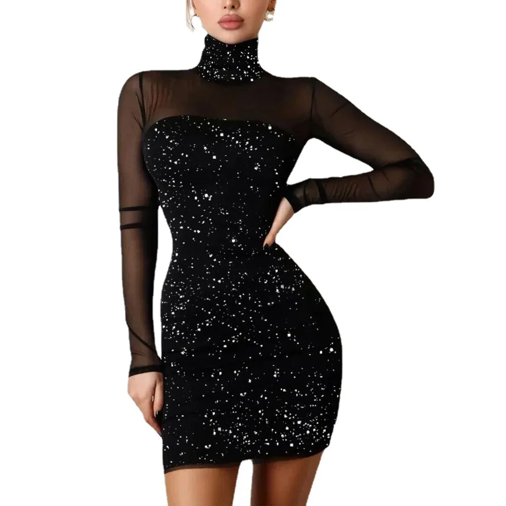 

Sexy Black Dresses Vintage Mesh Patchwork Long Sleeve Sequins Mini Summer Dress Women Turtleneck Wrap Hips Pary Bodycon Vestidos