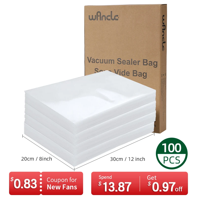 Wancle Vacuum Sealer Bags Commercial Grade PreCut Bag 100Pcs / Lot Food Vac Bags for Storage, Meal Prep or Sous Vide, PBA Free