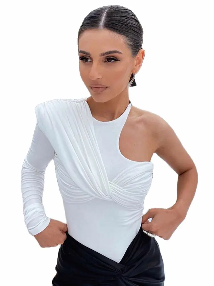 

One Shoulder Sexy Backless Twist Bodysuits Women Long Sleeve Solid Top Slim High Waist Bodysuit Club Party Streetwear Clothes
