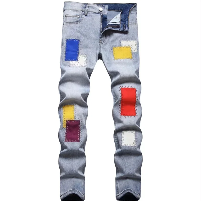 EH·MD® Men Jeans Embroidered With Rainbow Square Cloth Pure Cotton Stretch Slim Pants Scraped White Wearable High Street Fashion