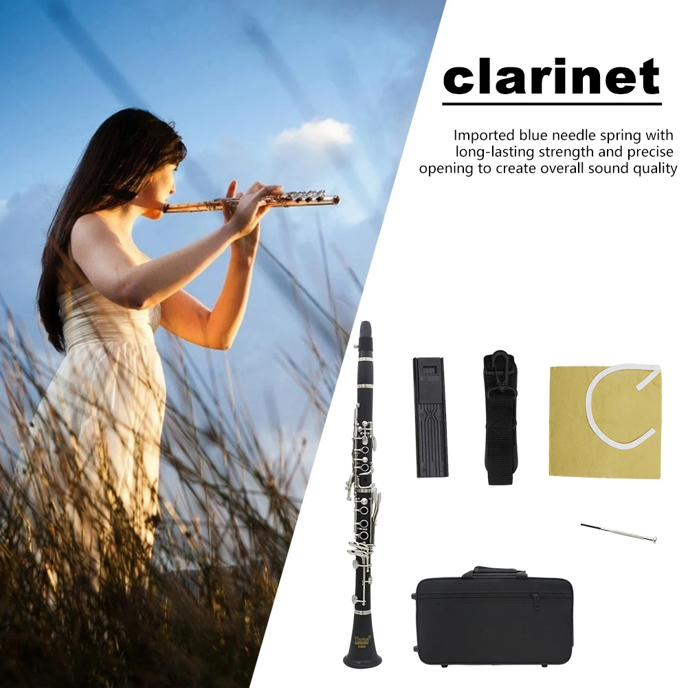 

17 Keys Wooden Clarinet with Strap & Cleaning Cloth B Flat Clarinet Black Orchestra Musical Instrument for Beginners