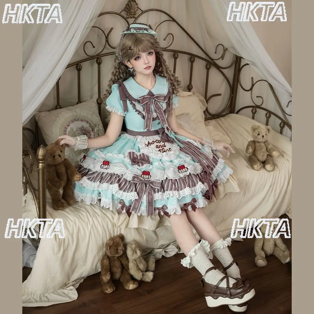 Фото Японское платье Лолита с коротким рукавом, воротником-куклой, вышивкой, кружевом и бантом, многослойное, в стиле принцессы, для косплея, женское №3