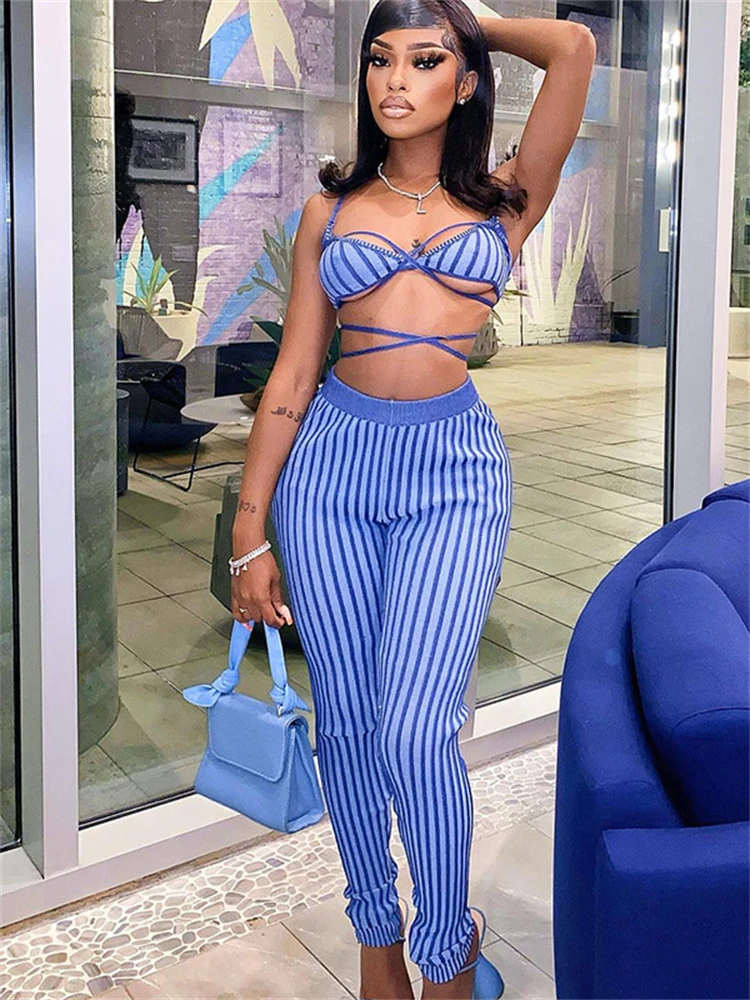 

Yesikey Women's Strap Wrap Breast Top Trousers Two-Piece Street Sexy Striped Navel Bandage Tube Top High Waist Trousers Suit