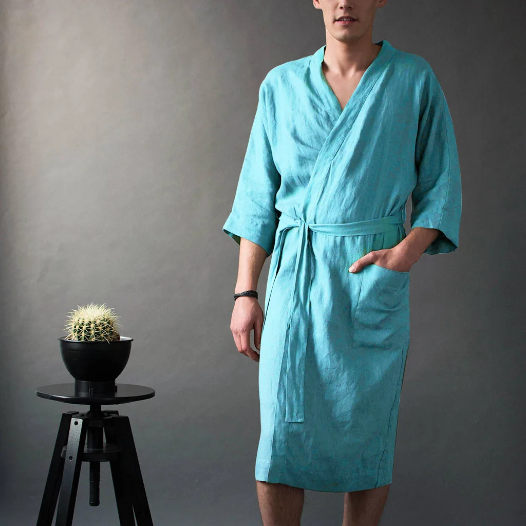 Mens Robe Long Solid Color Linen Nightgown Bathrobe Men Kimono Spring Summer Lace-up Long Robe