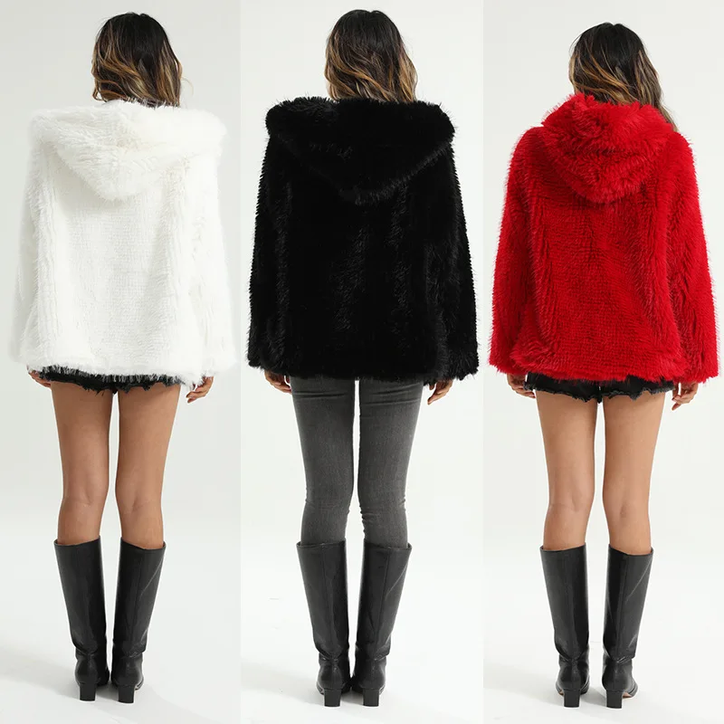 Faux Fur Hooded Coat Women 2022 Autumn Winter Thick Warm Loose Jackets Female Vintage Casual Long Sleeve Coat Oversize Outwear