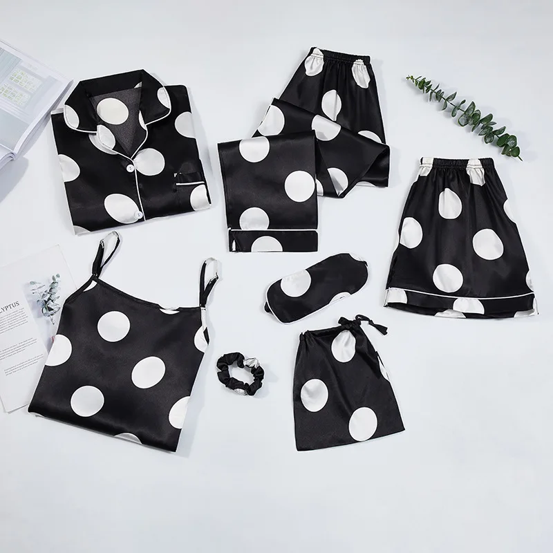 Women Seven Pieces Sleepwear Pajamas Set Satin Silk Pyjamas Set Luxury Designer Pijamas Home Wear Night Wear for Summer Autumn